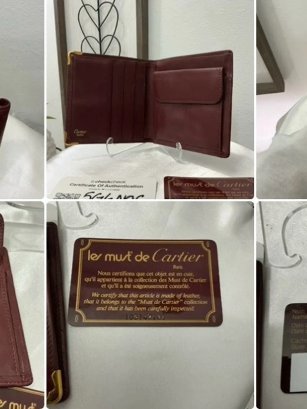 Preowned Vintage Cartier Burgundy Leather Bifold Wallet with 2 COAs